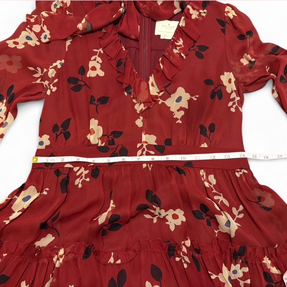 Kate Spade Red Floral Tiered silk Dress Bow Neck Romantic Size 2 - Picture 3 of 8